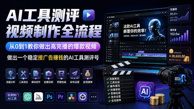 AI工具测评视频制作全流程，从0到1教你做出高完播的爆款视频，做出一个稳定接广告賺钱的AI工具测评号-资源社