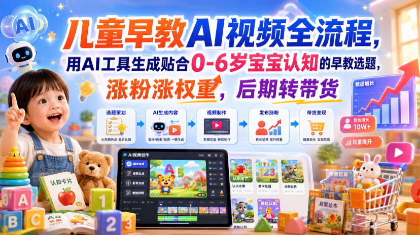 儿童早教AI视频全流程，用AI工具生成贴合0-6岁宝宝认知的早教选题，涨粉涨权重，后期转带货-资源社
