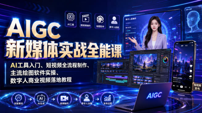 AIGC新媒体实战全能课|AI工具入门、短视频全流程制作、主流绘图软件实操、数字人商业视频落地教程-资源社