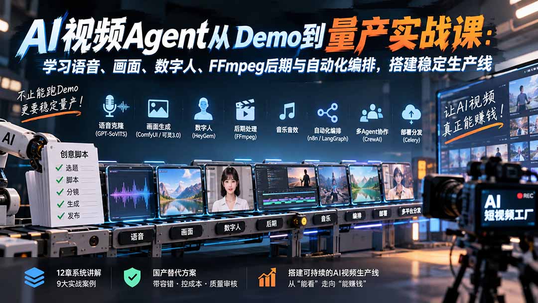 AI视频Agent从Demo到量产实战课:学习语音、画面、数字人、FFmpeg后期与自动化编排,搭建稳定生产线-资源社