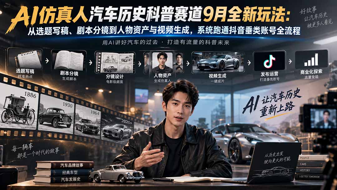 AI仿真人汽车历史科普赛道9月全新玩法:从选题写稿、剧本分镜到人物资产与视频生成,系统跑通抖音垂类账号全流程-资源社