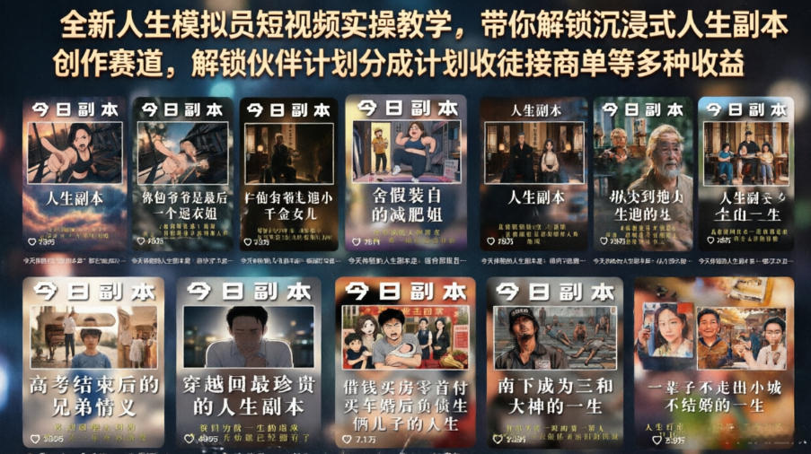 全新人生模拟员短视频实操教学，带你解锁沉浸式人生副本创作赛道，解锁伙伴计划分成计划收徒接商单等多种收益-资源社