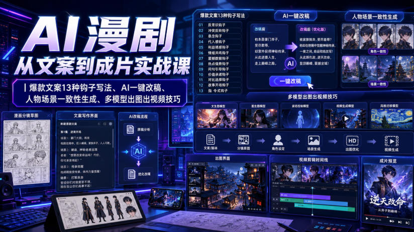 AI漫剧从文案到成片实战课｜爆款文案13种钩子写法、AI一键改稿、人物场景一致性生成、多模型出图出视频技巧-资源社