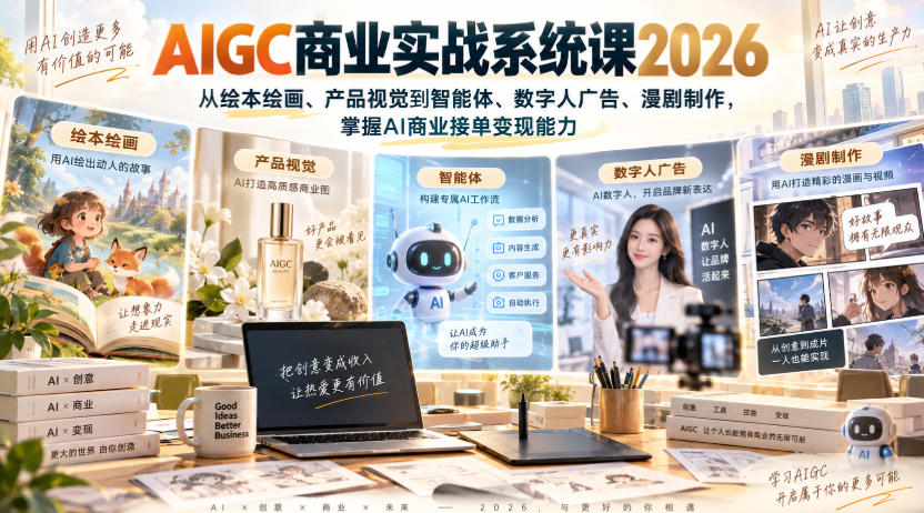 AIGC商业实战系统课2026,从绘本绘画、产品视觉到智能体、数字人广告、漫剧制作,掌握AI商业接单变现能力-资源社