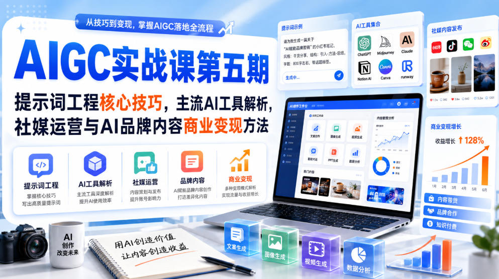 刺猬星球·AIGC实战课第五期，提示词工程核心技巧，主流AI工具解析，社媒运营与AI品牌内容商业变现方法-资源社