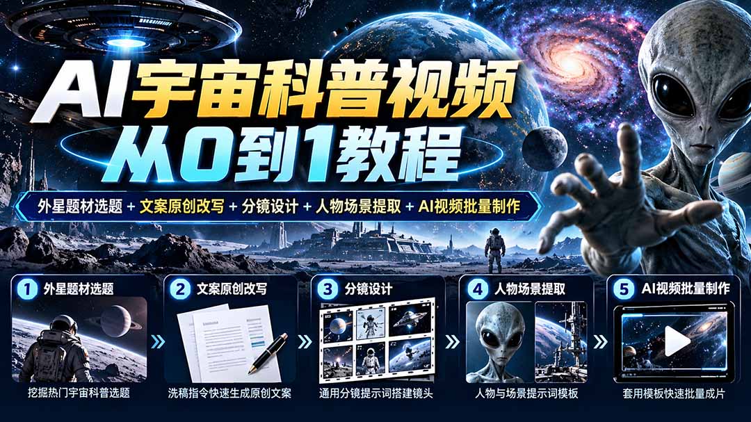 AI宇宙科普视频从0到1教程｜外星题材选题+文案原创改写+分镜设计+人物场景提取+AI视频批量制作-资源社