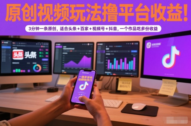 原创视频玩法撸平台收益,3分钟一条原创,适合头条+百家+视频号+抖音,一个作品吃多份收益-资源社