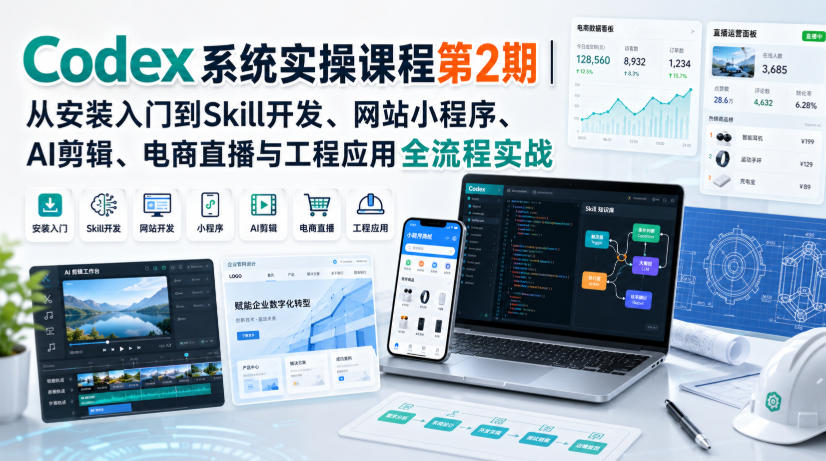 Codex系统实操课程第2期|从安装入门到Skill开发、网站小程序、AI剪辑、电商直播与工程应用全流程实战-资源社