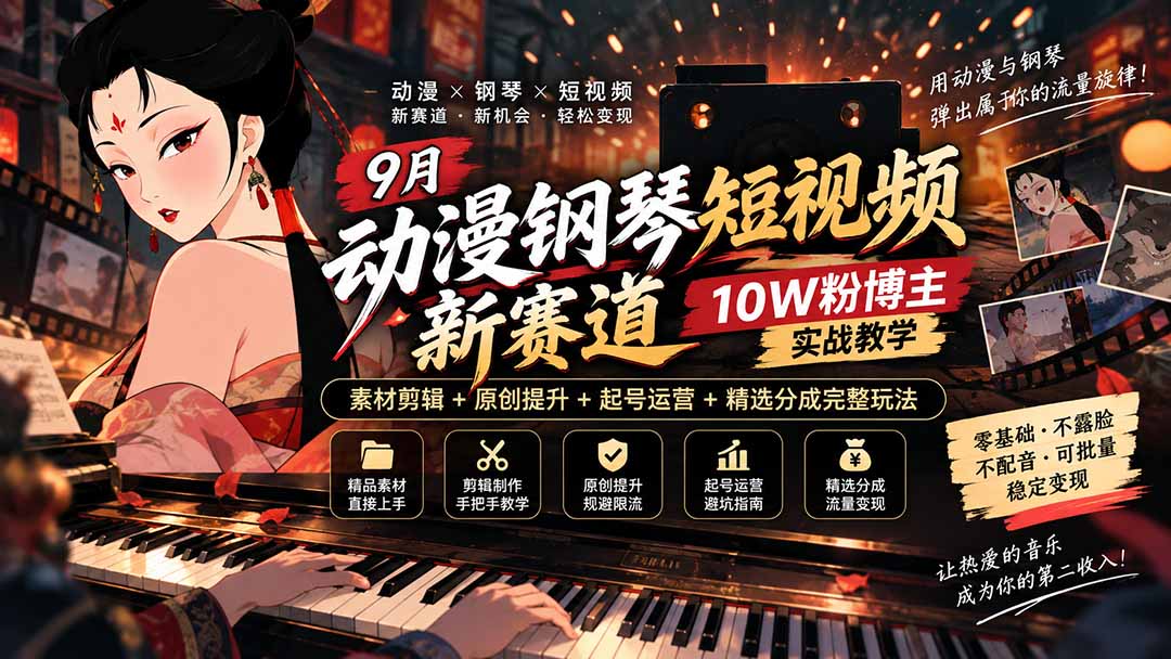 9月动漫钢琴短视频新赛道|10W粉博主实战教学,素材剪辑+原创提升+起号运营+精选分成完整玩法-资源社