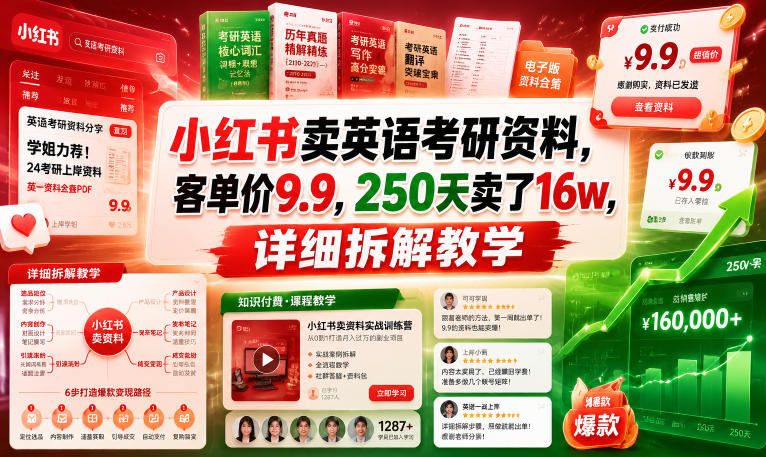 小红书卖英语考研资料,客单价9.9,250天卖了16w,详细拆解教学-资源社