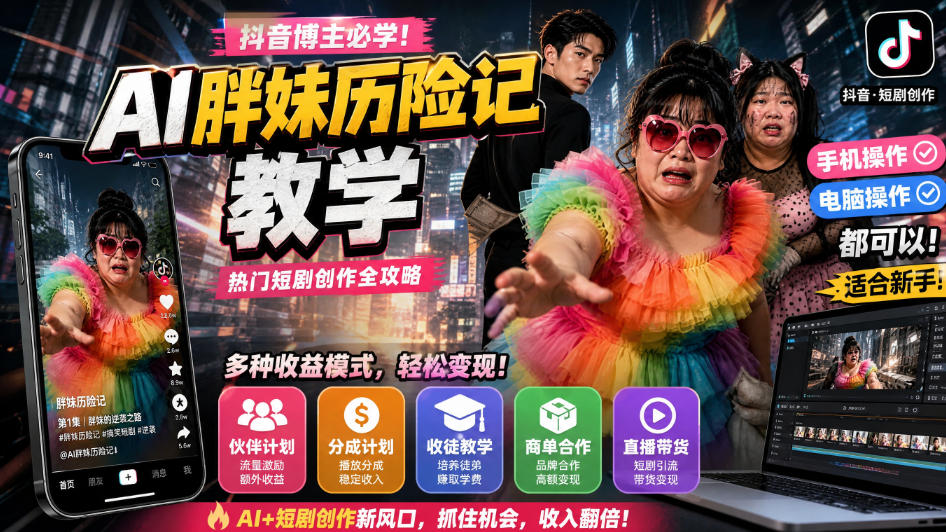 抖音博主的AI胖妹历险记教学，伙伴计划+分成计划+收徒+商单等多种收益，适合新手，手机电脑都可以操作-资源社