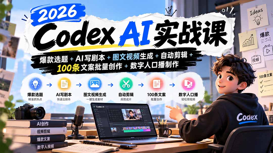 2026Codex AI实战课：爆款选题+AI写剧本+图文视频生成+自动剪辑+100条文案批量创作+数字人口播制作-资源社