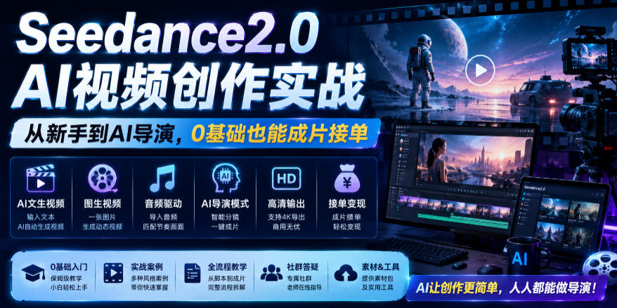 Seedance2.0 AI视频创作实战,从新手到AI导演,0基础也能成片接单变现-资源社