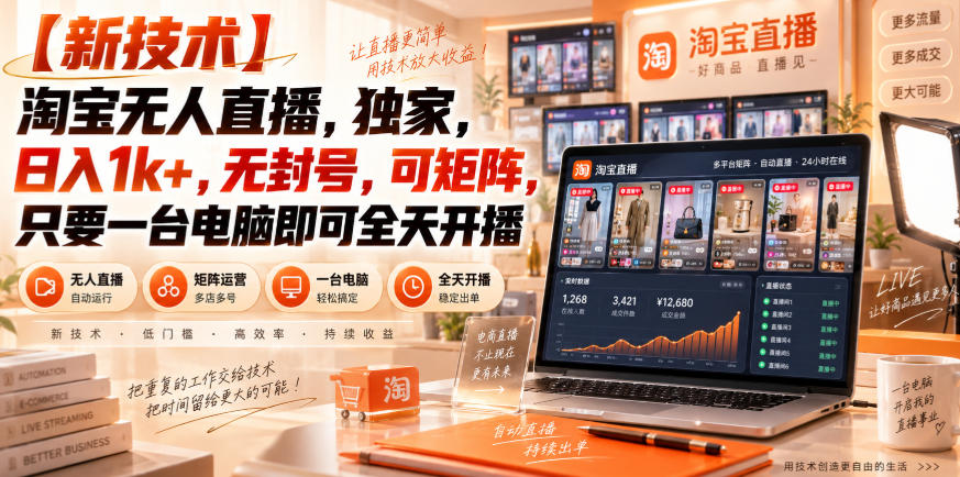 【独家新技术】淘宝无人直播,日入1k+,无封号,可矩阵,只要一台电脑即可全天开播【揭秘】