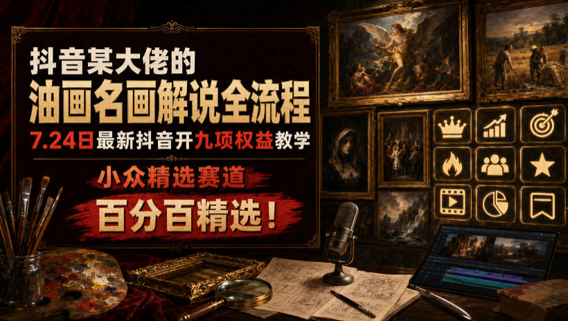 抖音某大佬的油画名画解说全流程,7.24日最新抖音开九项权益教学,小众精选赛道,百分百精选!-资源社