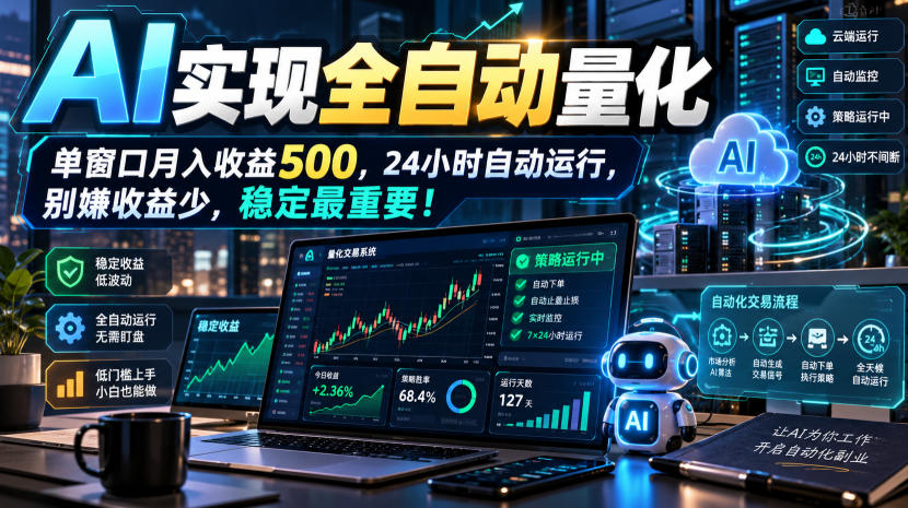 AI实现全自动量化,单窗口月入收益500,24小时自动运行,别嫌收益少,稳定最重要!【揭秘】-资源社