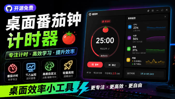 仅1.16MB，开源极简的桌面时钟、番茄钟计时器，还支持系统监控显示，桌面效率小工具Catime-资源社