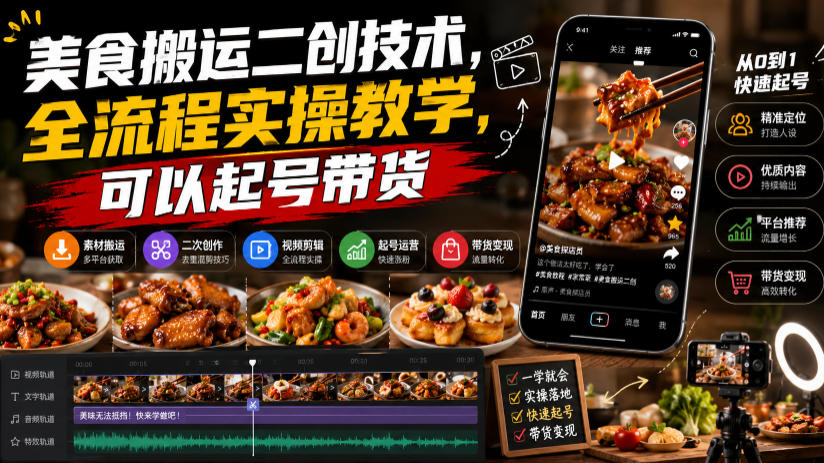 美食搬运二创技术,全流程实操教学,可以起号带货-资源社