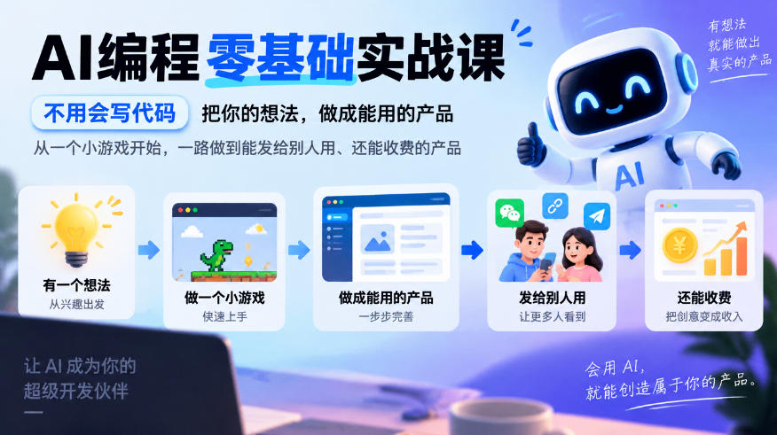 AI编程零基础实战课，不用会写代码，把你的想法，做成能用的产品，从一个小游戏开始，一路做到能发给别人用、还能收费的产品-资源社