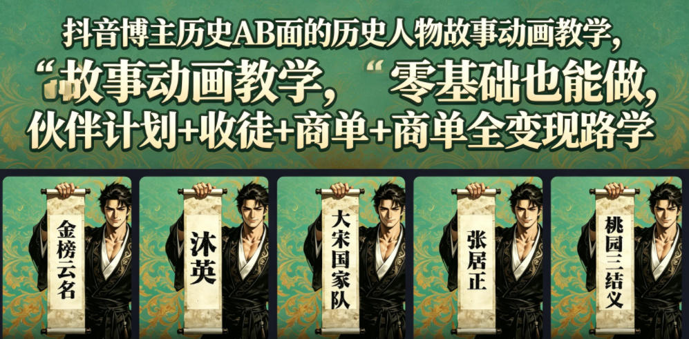 抖音博主历史AB面的历史人物故事动画教学,零基础也能做,伙伴计划+收徒+商单全变现路径教学-资源社