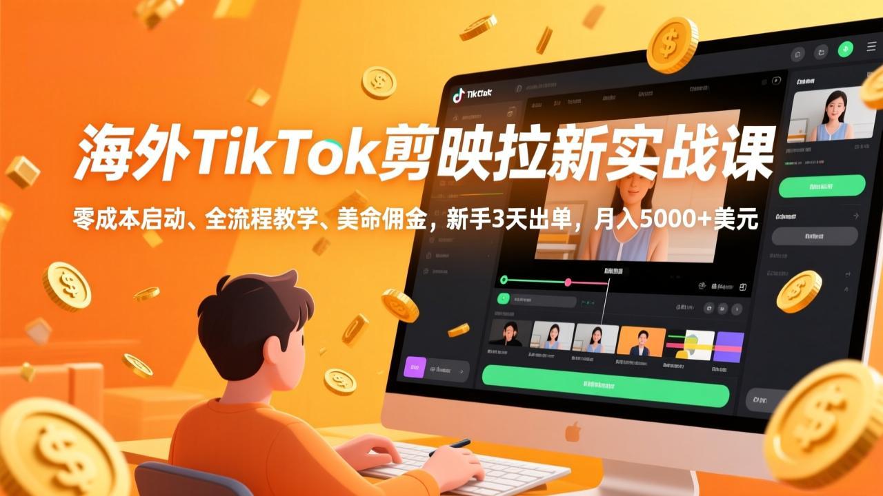 海外TikTok剪映拉新实战课，零成本启动、全流程教学、美金佣金，新手3天出单，月入5000+美元-资源社