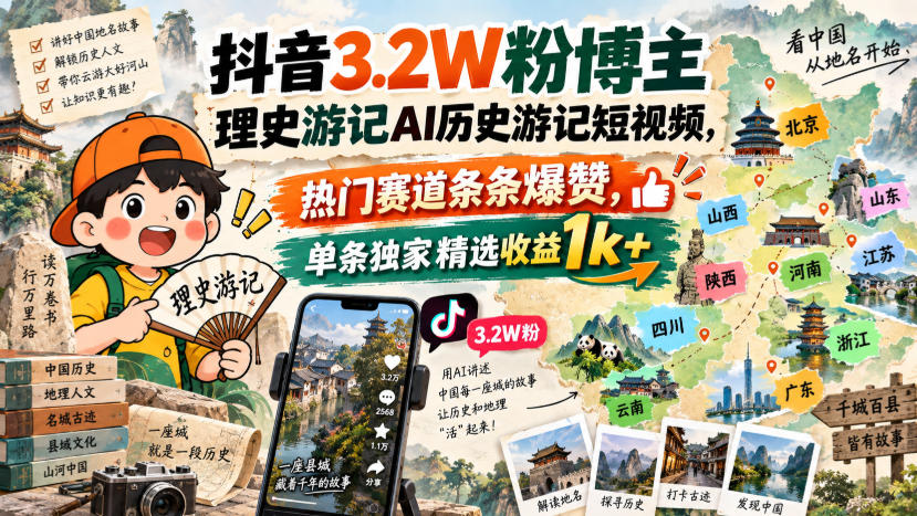 抖音3.2W粉博主理史游记AI历史游记短视频教学，热门赛道条条爆赞，单条独家精选收益1k+-资源社