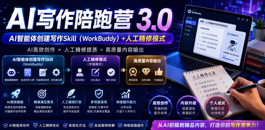 AI写作陪跑营3.0,Ai智能体创建写作skill(workbuddy)+人工手写模式(手搓模式),去除AI痕迹(头条号、公众号、百家号)(更新0806)-资源社