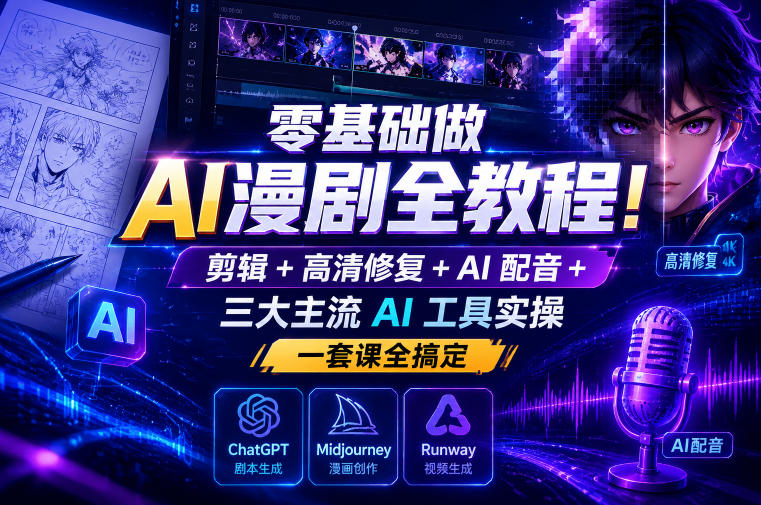 零基础做AI漫剧全教程!剪辑+高清修复+AI配音+三大主流AI工具实操,一套课全搞定-资源社