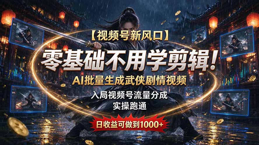 【视频号新风口】零基础不用学剪辑！AI 批量生成武侠剧情视频，入局视频号流量分成，实操跑通，日收益可做到 1000+-资源社