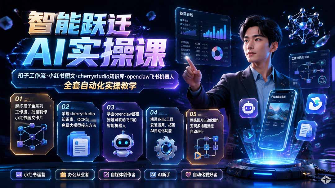 智能跃迁 AI实操课｜扣子工作流小红书图文搭建，cherrystudio知识库openclaw飞书机器人全套自动化实操教学-资源社