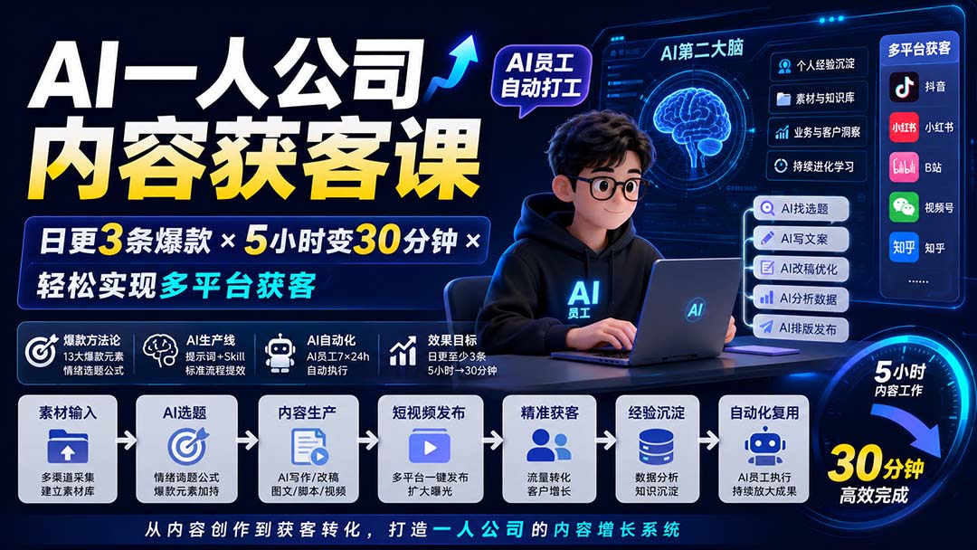 AI一人公司内容获客课-更新8月:日更3条爆款×5小时变30分钟×AI员工自动打工,轻松实现多平台获客-资源社