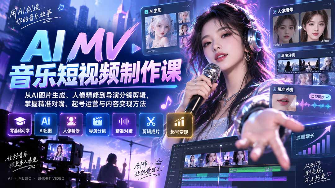 AI MV音乐短视频制作课:从AI图片生成、人像精修到导演分镜剪辑,掌握精准对嘴、起号运营与内容变现方法-资源社