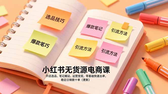 小红书无货源电商课，开店选品、笔记搬运、运营变现，零基础快速出单，稳定日销数十单(更新-资源社