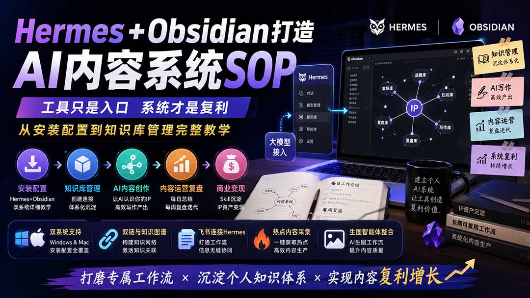 Hermes+Obsidian打造AI内容系统SOP；工具只是入口系统才是复利，从安装配置到知识库管理完整教学-资源社