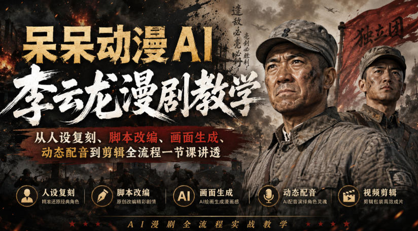 呆呆动漫AI李云龙漫剧教学，从人设复刻、脚本改编、画面生成、动态配音到剪辑全流程一节课讲透-资源社