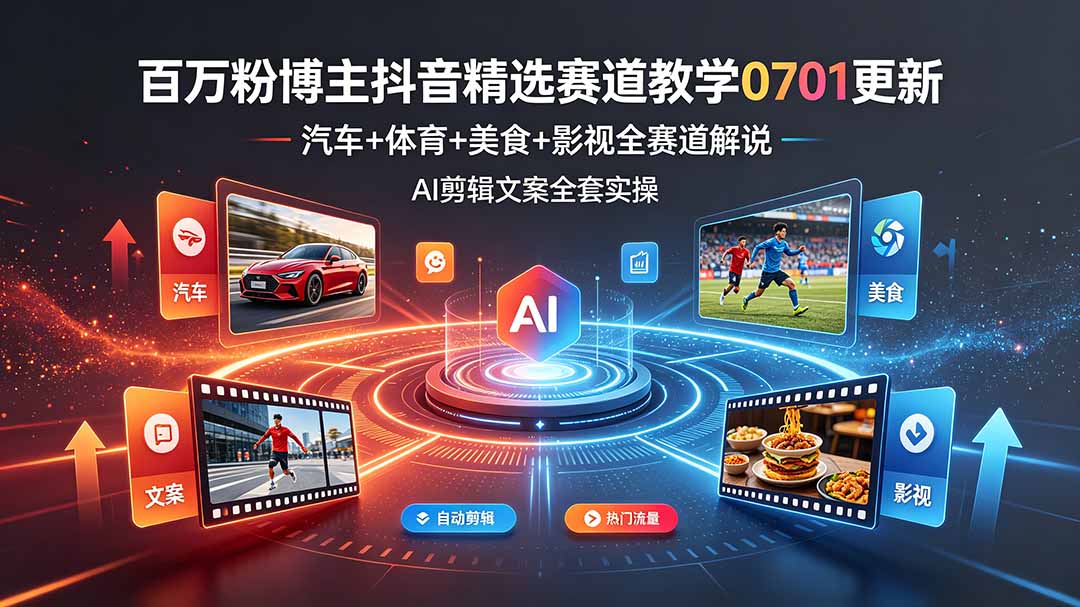 百万粉博主抖音精选赛道教学-0701更新,汽车+体育+美食+影视全赛道解说,AI剪辑文案全套实操-资源社