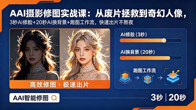 AI摄影修图实战课:从废片拯救 到 奇幻人像,3秒AI修脸+20秒AI换背景+跑图工作流,快速出片不熬夜-资源社