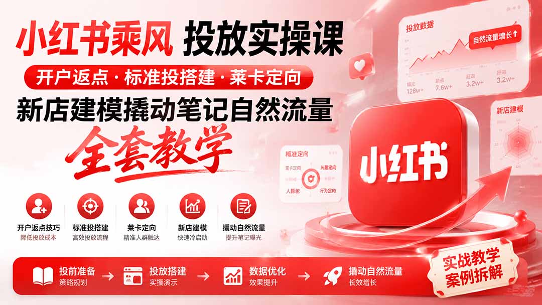 小红书乘风投放-100分钟实操课|开户返点·标准投搭建·莱卡定向,新店建模撬动笔记自然流量全套教学-资源社