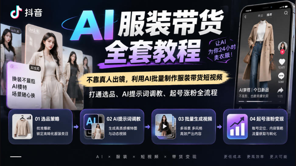 抖音AI服装带货全套教程,不靠真人出镜,利用AI批量制作服装带货短视频,打通选品、AI提示词调教、起号涨粉全流程-资源社
