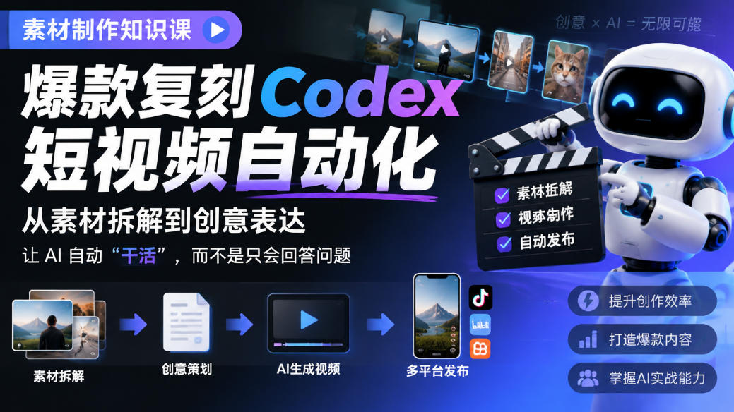 素材制作知识课,爆款复刻Codex短视频自动化,从素材拆解到创意表达,让AI自动“干活”,而不是只会回答问题-资源社