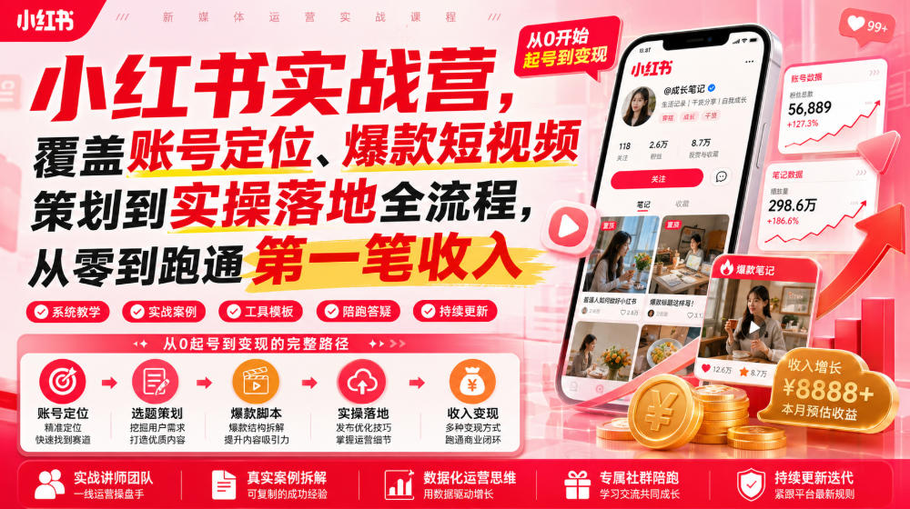 小红书实战营，覆盖账号定位、爆款短视频策划到实操落地全流程，从零到跑通第一笔收入-资源社