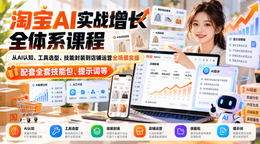 淘宝AI实战增长全体系课程，从AI认知、工具选型、技能封装到店铺运营全场景实操，配套全套技能包、提示词等-资源社