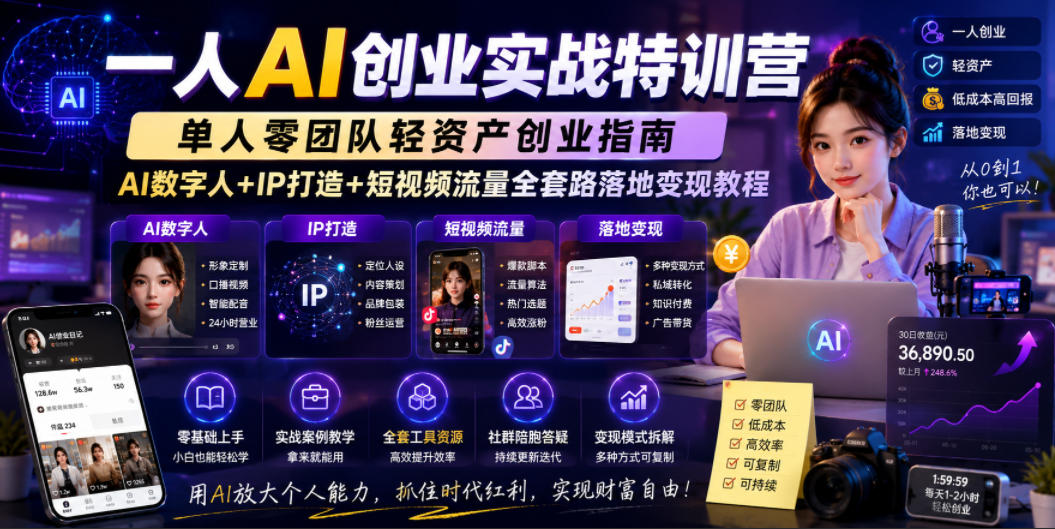 一人AI创业实战特训营,单人零团队轻资产创业指南,AI数字人+IP打造+短视频流量全套路落地变现教程-资源社