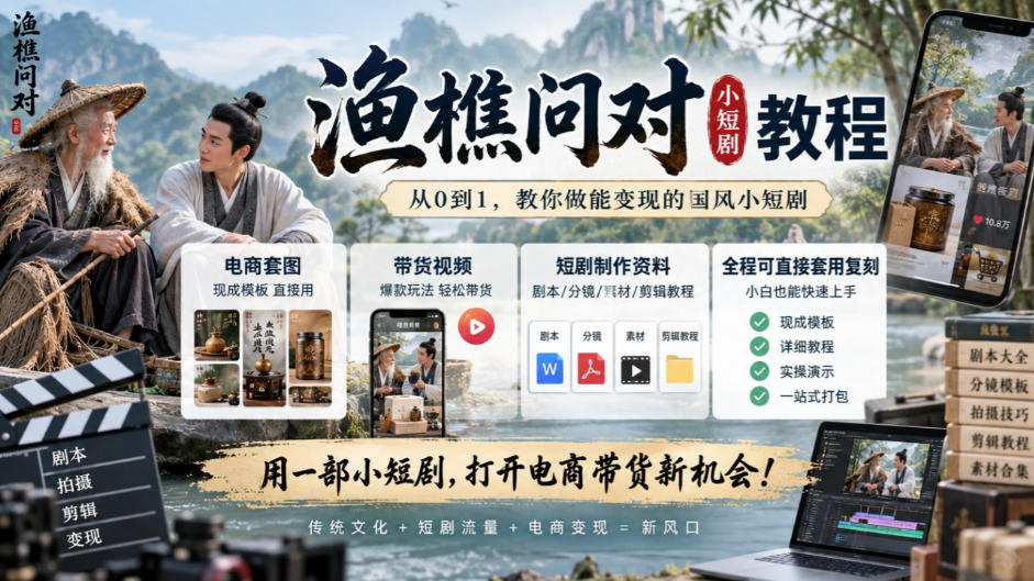 渔樵问对小短剧教程,包含电商套图、带货视频,短剧制作资料,全程可直接套用复刻-资源社