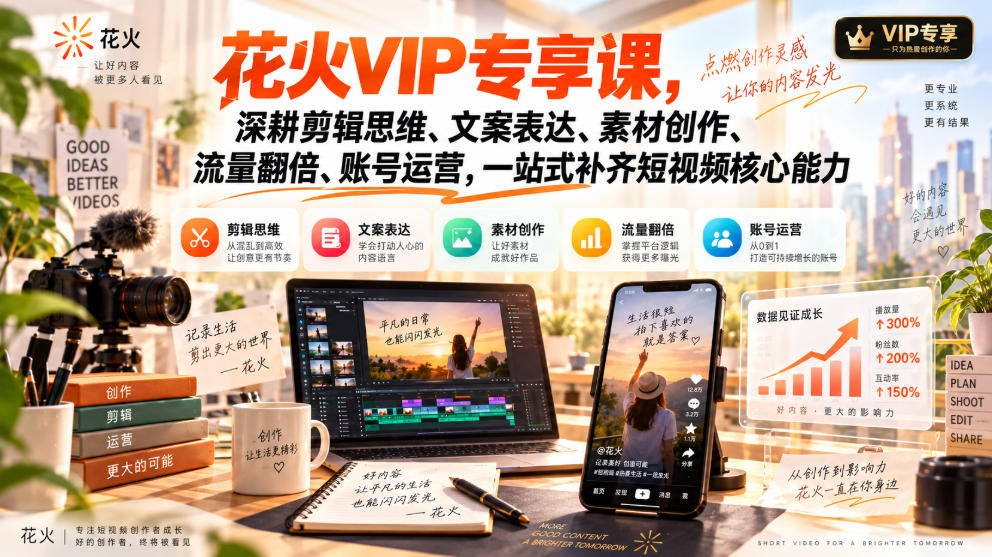 花火VIP专享课,深耕剪辑思维、文案表达、素材创作、流量翻倍、账号运营,一站式补齐短视频核心能力-资源社