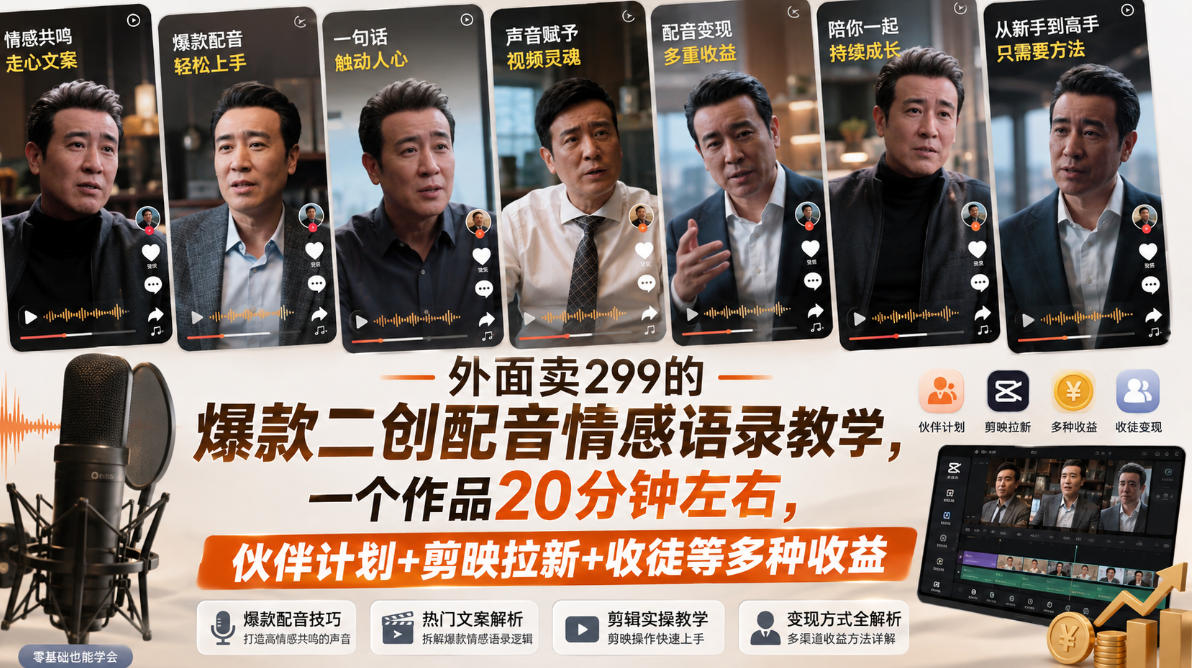 外面卖299的爆款二创配音情感语录教学，一个作品20分钟左右，伙伴计划+剪映拉新+收徒等多种收益-资源社