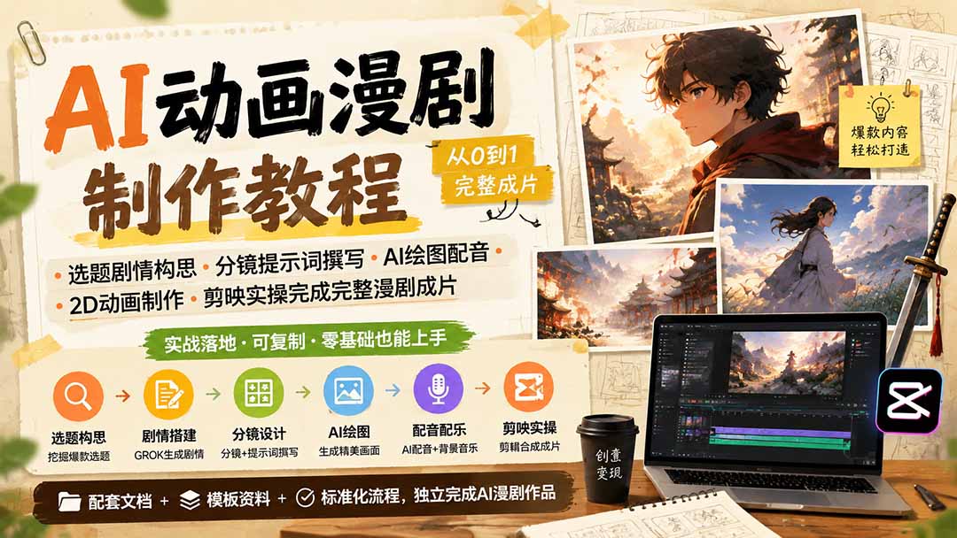 AI动画漫剧制作教程｜选题剧情构思·分镜提示词撰写·AI绘图配音·2D动画制作·剪映实操完成完整漫剧成片-资源社