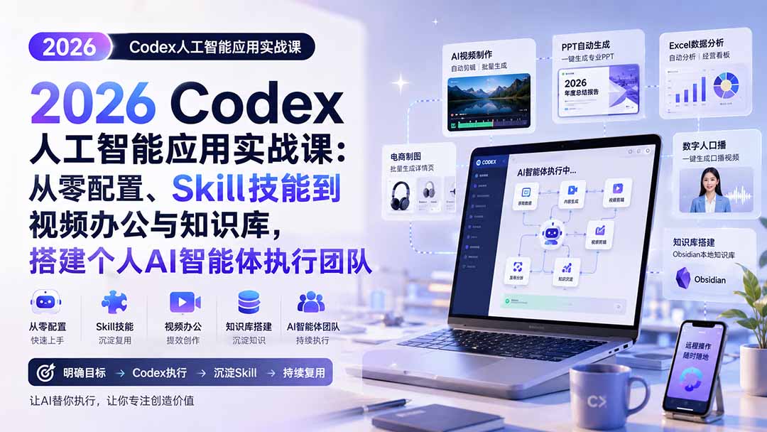2026 Codex人工智能应用实战课：从零配置、Skill技能到视频办公与知识库，搭建个人AI智能体执行团队-资源社