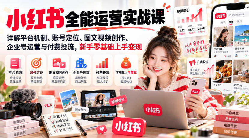 小红书全能运营实战课，详解平台机制、账号定位、图文视频创作、企业号运营与付费投流，新手零基础上手变现-资源社