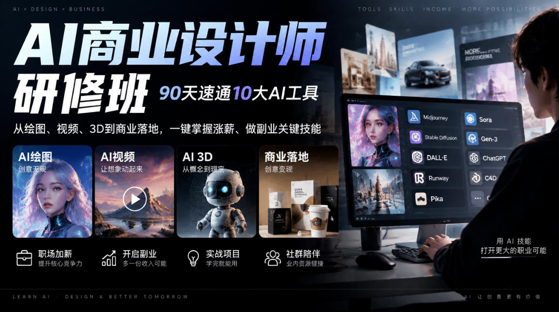AI商业设计师研修班，90天速通10大AI工具，从绘图、视频、3D到商业落地，一键掌握涨薪、做副业关键技能-资源社